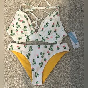 Cactus themed White Bikini with reversable yellow bottom